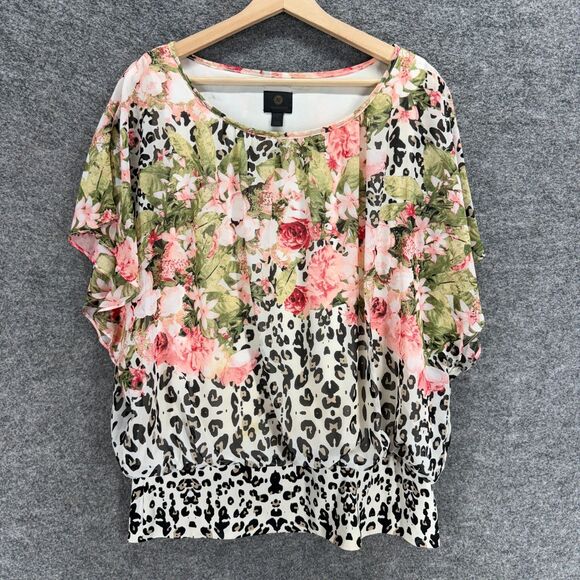 JM Collection Blouse Women L Large White Animal Print Short Sleeve Lined Casual - Picture 1 of 7